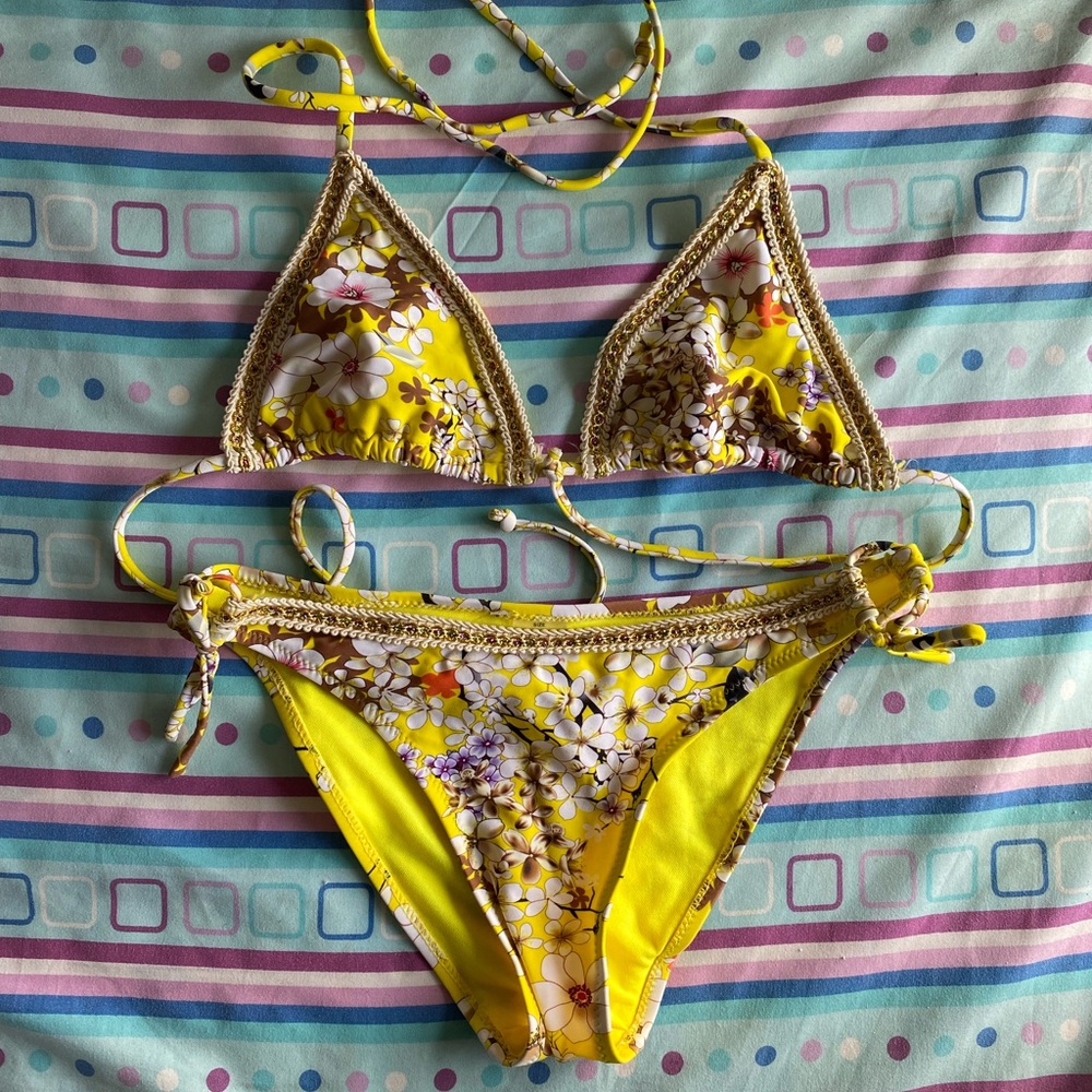 Yellow Floral Bikini top and bottoms set